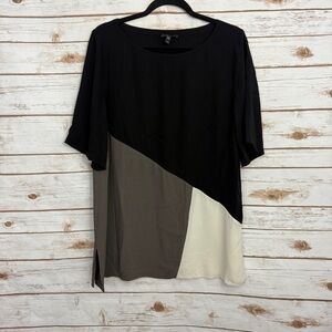 Eileen Fisher 100% Silk Neutral Short Sleeve Blouse Lagenlook